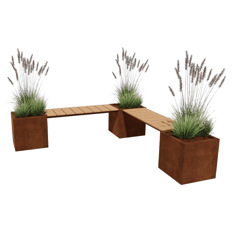 Corten jekleno korito za rože - Kvadrat -  Kot - 221,2 x 221,2 x 50 cm - S klopjo