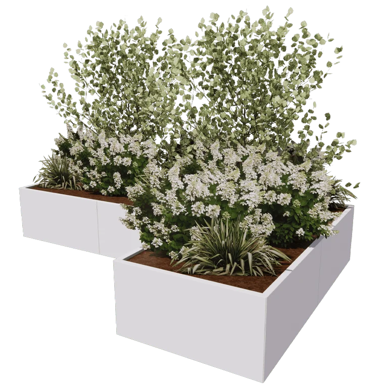 Jekleno korito za rože - L-oblikа - 300 x 200 x 100 cm - RAL9010 mat (bela) - Brez dnoplošče