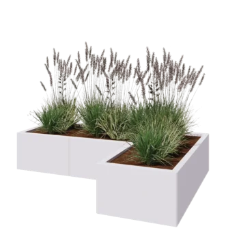 Jekleno korito za rože - L-oblikа - 150 x 100 x 30 cm - RAL9010 mat (bela) - Brez dnoplošče