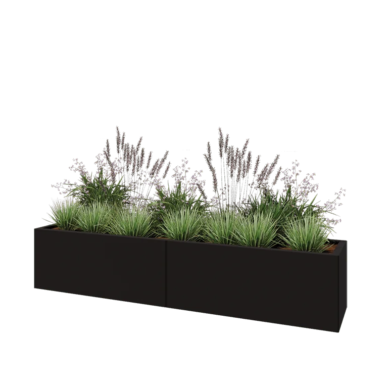 Jekleno korito za rože XXL - Pravokotnik - 200 x 40 x 40 cm - RAL9005 mat (črna) - Z dnoploščo