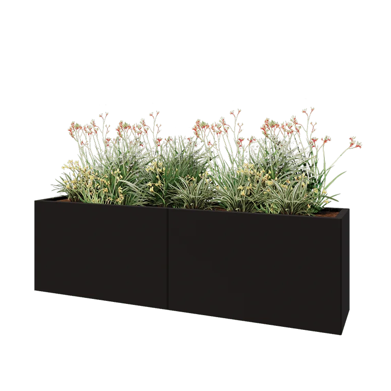 Jekleno korito za rože XXL - Pravokotnik - 200 x 40 x 60 cm - RAL9005 mat (črna) - Z dnoploščo