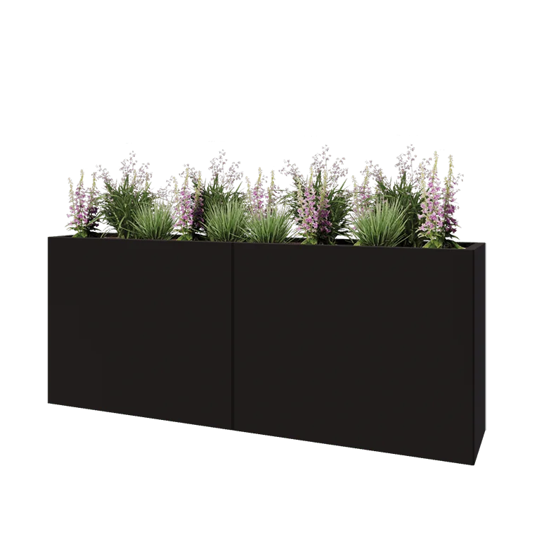 Jekleno korito za rože XXL - Pravokotnik - 200 x 40 x 80 cm - RAL9005 mat (črna) - Z dnoploščo