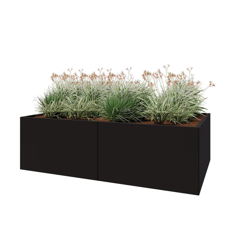 Jekleno korito za rože XXL - Pravokotnik - 200 x 120 x 60 cm - RAL9005 mat (črna) - Brez dnoplošče