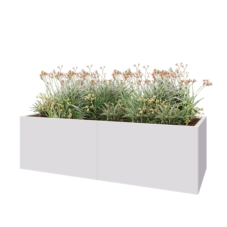 Jekleno korito za rože XXL - Pravokotnik - 200 x 80 x 60 cm - RAL9010 mat (bela) - Z dnoploščo