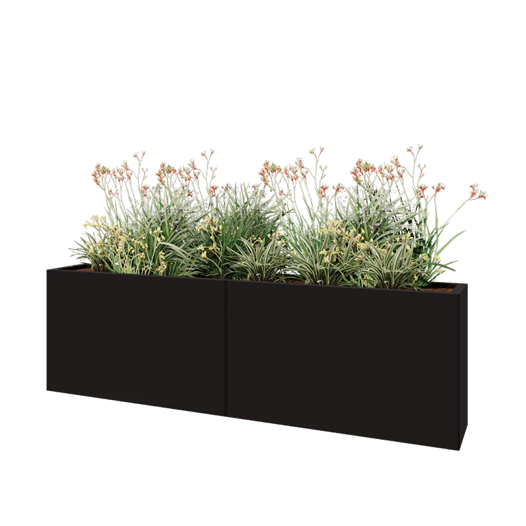 Jekleno korito za rože XXL - Pravokotnik - 200 x 30 x 60 cm - RAL9005 mat (črna) - Z dnoploščo