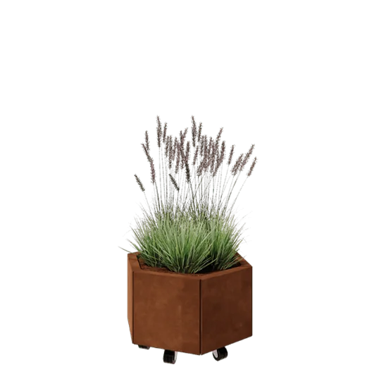 Corten jekleno korito za rože - Šestkotnik - 59,3 x 52 x 30 cm - Z dnoploščo - S kolesi