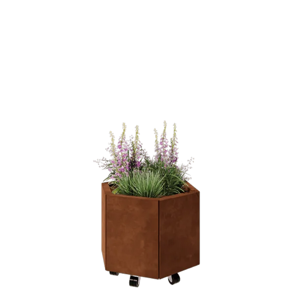 Corten jekleno korito za rože - Šestkotnik - 59,3 x 52 x 40 cm - Z dnoploščo - S kolesi