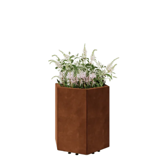 Corten jekleno korito za rože - Šestkotnik - 59,3 x 52 x 60 cm - Z dnoploščo - Z nogami