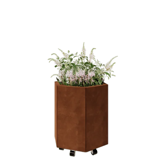 Corten jekleno korito za rože - Šestkotnik - 59,3 x 52 x 60 cm - Z dnoploščo - S kolesi