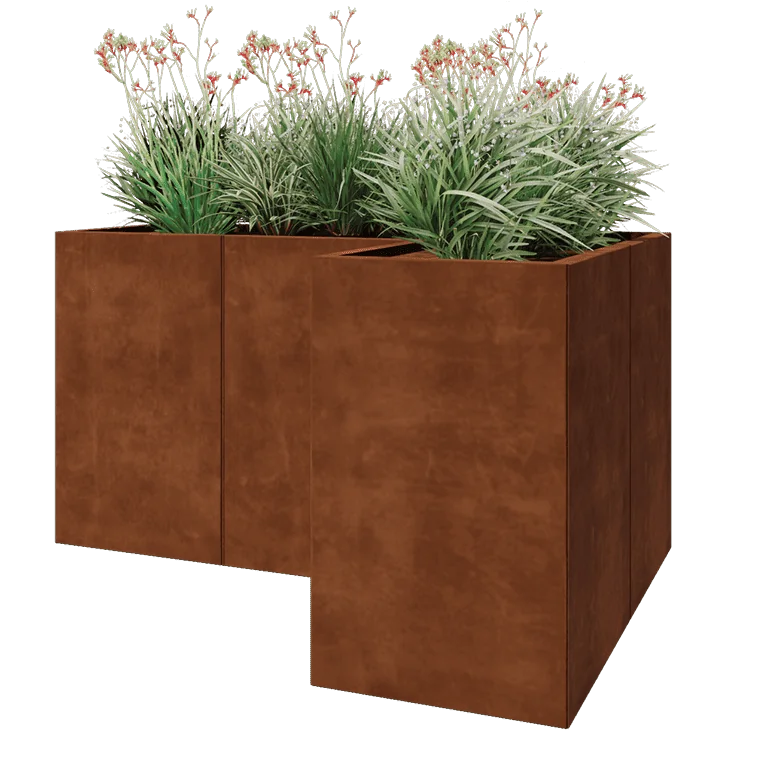 Corten jekleno korito za rože - L-oblikа - 150 x 100 x 80 cm - Z dnoploščo