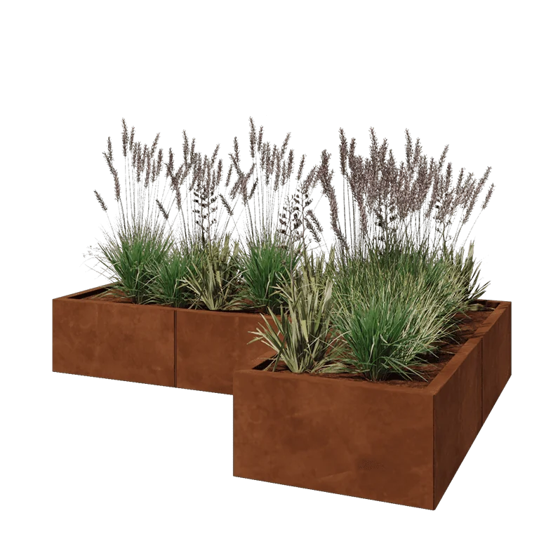 Corten jekleno korito za rože - L-oblikа - 180 x 120 x 30 cm - Z dnoploščo