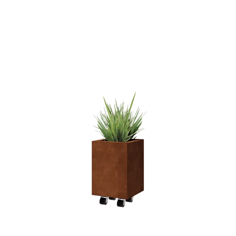 Corten jekleno korito za rože - Kvadrat - 30 x 30 x 40 cm - Z dnoploščo - S kolesi