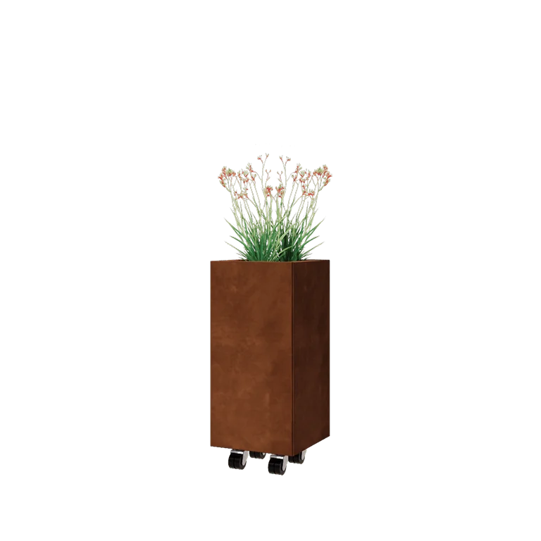 Corten jekleno korito za rože - Kvadrat - 30 x 30 x 60 cm - Z dnoploščo - S kolesi