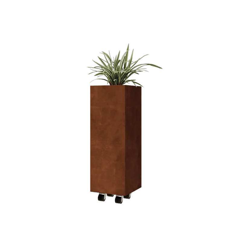 Corten jekleno korito za rože - Kvadrat - 30 x 30 x 80 cm - Z dnoploščo - S kolesi