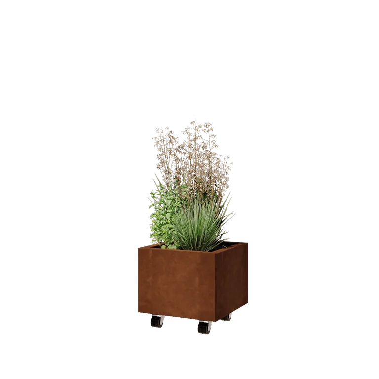 Corten jekleno korito za rože - Kvadrat - 40 x 40 x 30 cm - Z dnoploščo - S kolesi