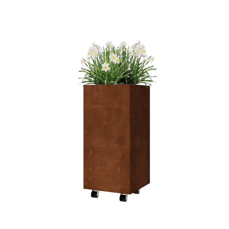 Corten jekleno korito za rože - Kvadrat - 40 x 40 x 80 cm - Z dnoploščo - S kolesi