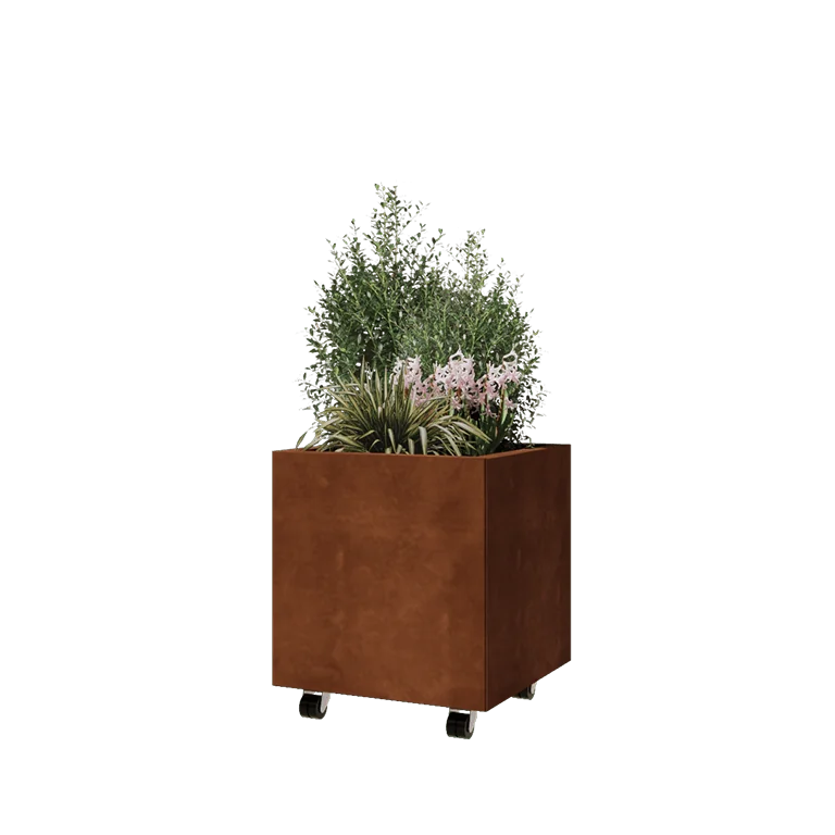 Corten jekleno korito za rože - Kvadrat - 50 x 50 x 50 cm - Z dnoploščo - S kolesi