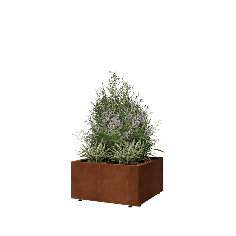 Corten jekleno korito za rože - Kvadrat - 60 x 60 x 30 cm - Z dnoploščo - Z nogami