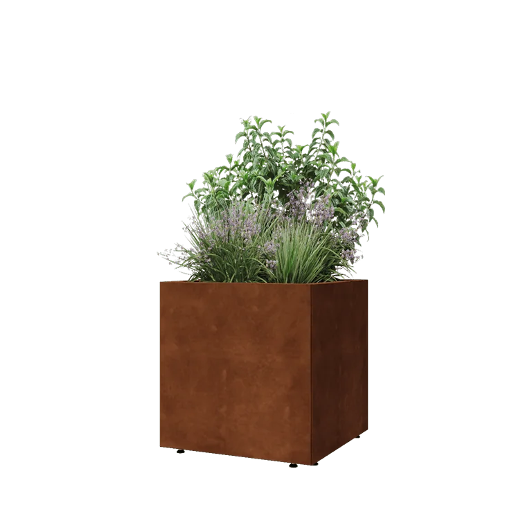 Corten jekleno korito za rože - Kvadrat - 60 x 60 x 60 cm - Z dnoploščo - Z nogami