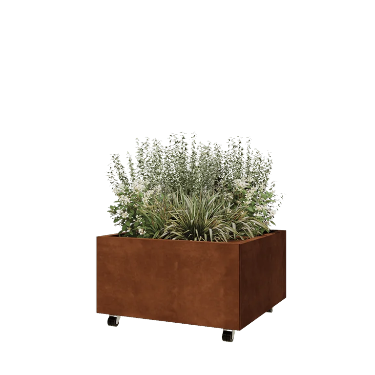 Corten jekleno korito za rože - Kvadrat - 80 x 80 x 40 cm - Z dnoploščo - S kolesi