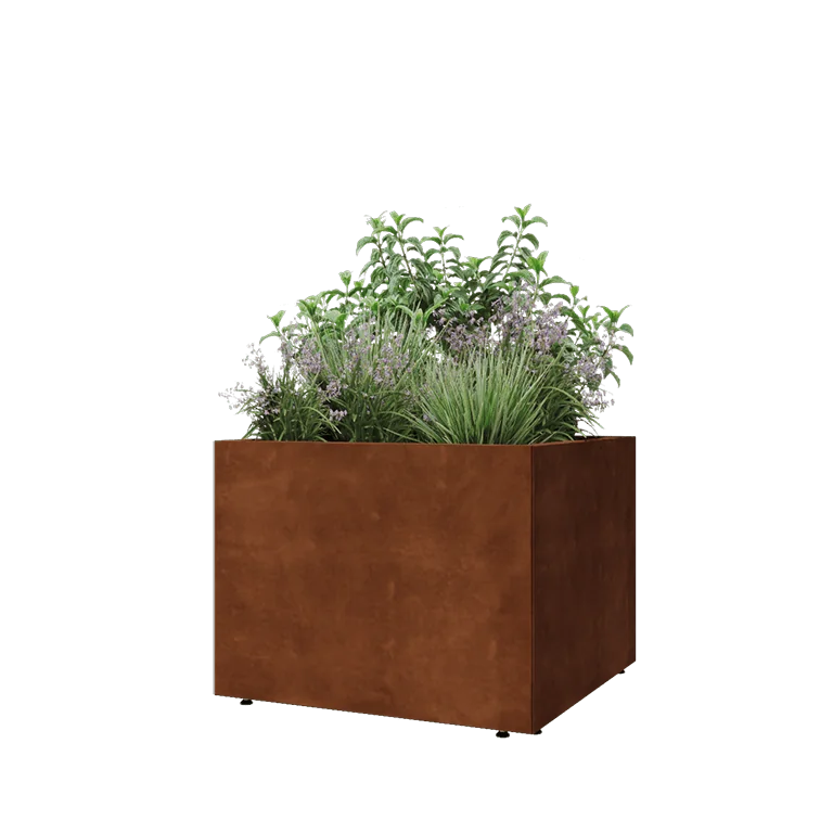 Corten jekleno korito za rože - Kvadrat - 80 x 80 x 60 cm - Z dnoploščo - Z nogami
