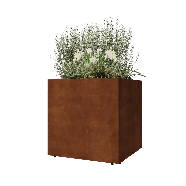 Corten jekleno korito za rože - Kvadrat - 80 x 80 x 80 cm - Z dnoploščo - Z nogami