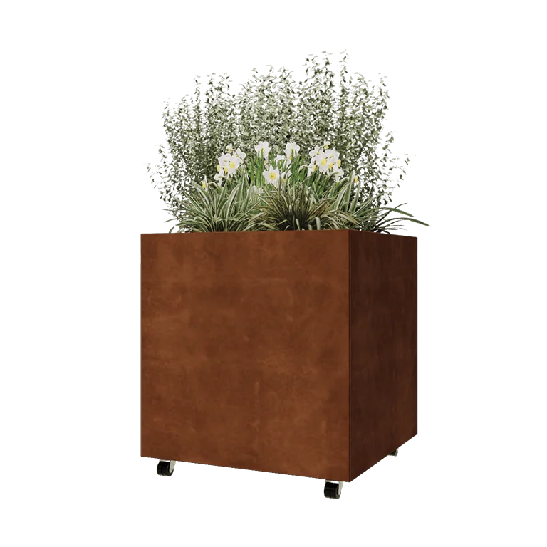Corten jekleno korito za rože - Kvadrat - 80 x 80 x 80 cm - Z dnoploščo - S kolesi
