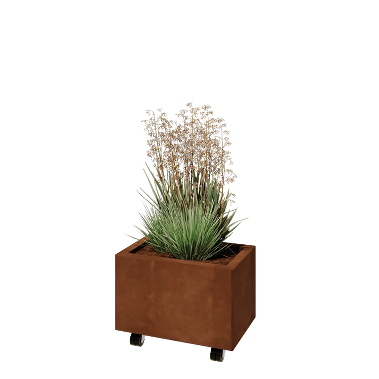 Corten jekleno korito za rože - Pravokotnik - 50 x 30 x 30 cm - Z dnoploščo - S kolesi