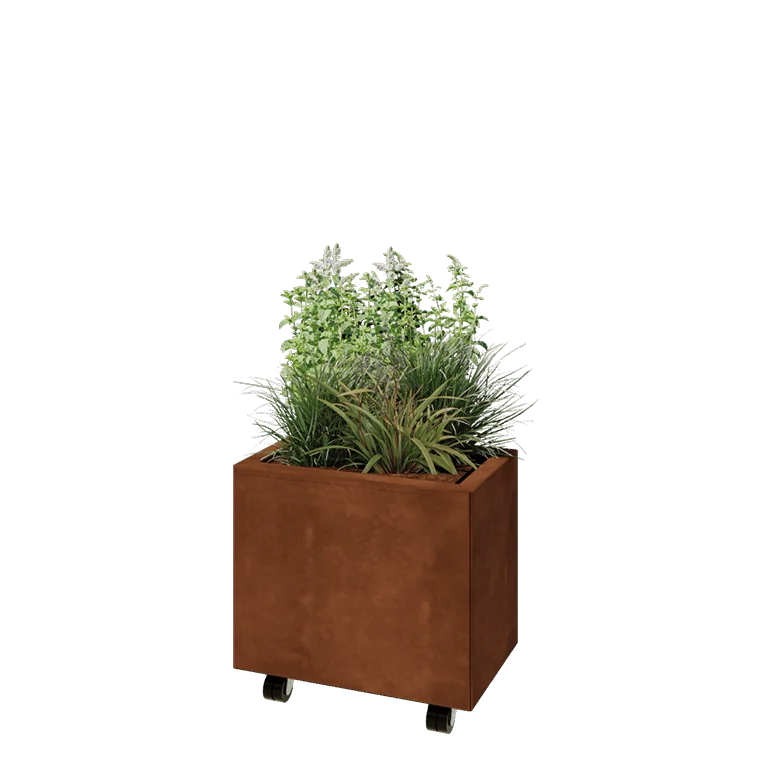 Corten jekleno korito za rože - Pravokotnik - 50 x 30 x 40 cm - Z dnoploščo - S kolesi