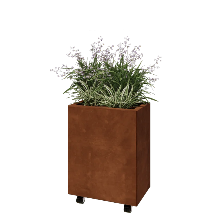 Corten jekleno korito za rože - Pravokotnik - 50 x 30 x 60 cm - Z dnoploščo - S kolesi