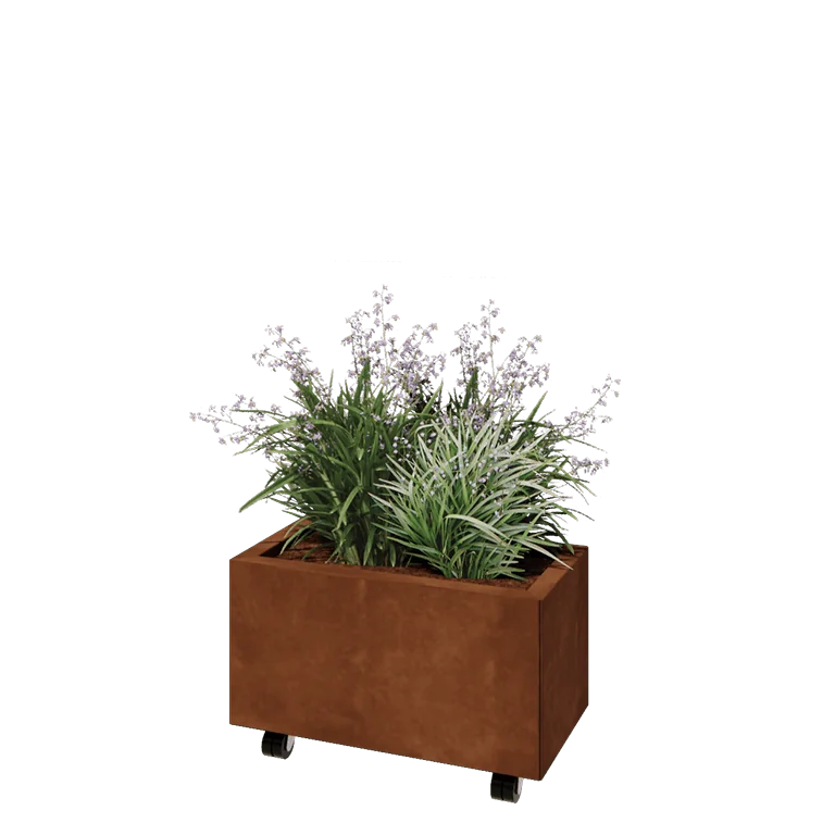 Corten jekleno korito za rože - Pravokotnik - 60 x 30 x 30 cm - Z dnoploščo - S kolesi