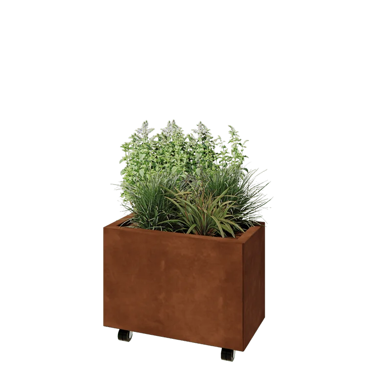 Corten jekleno korito za rože - Pravokotnik - 60 x 30 x 40 cm - Z dnoploščo - S kolesi