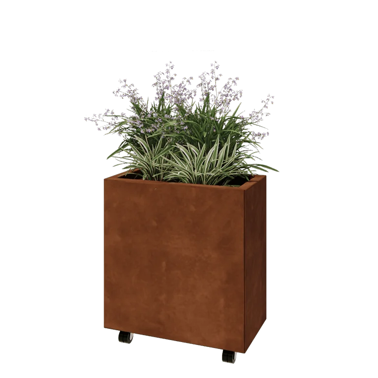 Corten jekleno korito za rože - Pravokotnik - 60 x 30 x 60 cm - Z dnoploščo - S kolesi