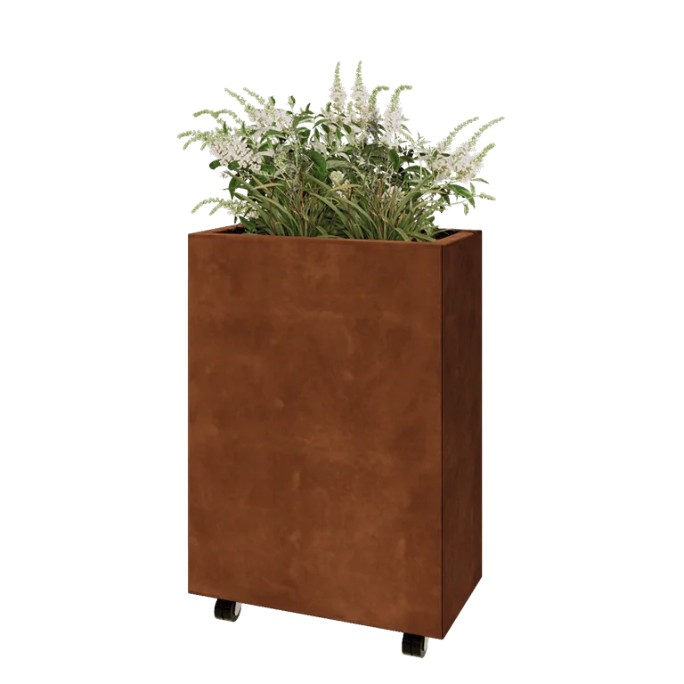 Corten jekleno korito za rože - Pravokotnik - 60 x 30 x 80 cm - Z dnoploščo - S kolesi