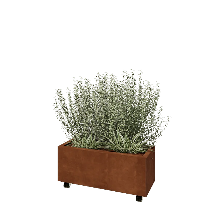 Corten jekleno korito za rože - Pravokotnik - 80 x 30 x 30 cm - Z dnoploščo - S kolesi