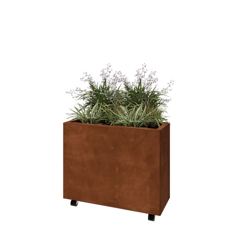 Corten jekleno korito za rože - Pravokotnik - 80 x 30 x 60 cm - Z dnoploščo - S kolesi