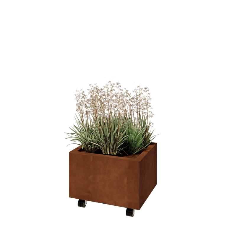 Corten jekleno korito za rože - Pravokotnik - 50 x 40 x 30 cm - Z dnoploščo - S kolesi