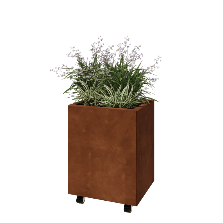 Corten jekleno korito za rože - Pravokotnik - 50 x 40 x 60 cm - Z dnoploščo - S kolesi