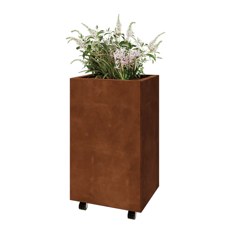 Corten jekleno korito za rože - Pravokotnik - 50 x 40 x 80 cm - Z dnoploščo - S kolesi