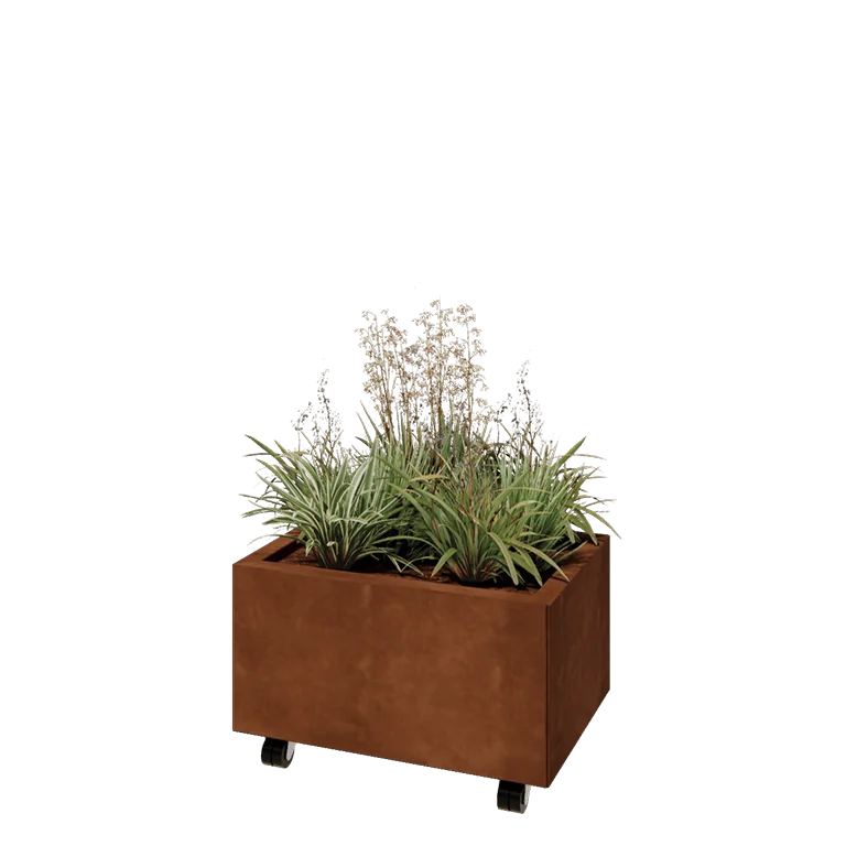 Corten jekleno korito za rože - Pravokotnik - 60 x 40 x 30 cm - Z dnoploščo - S kolesi