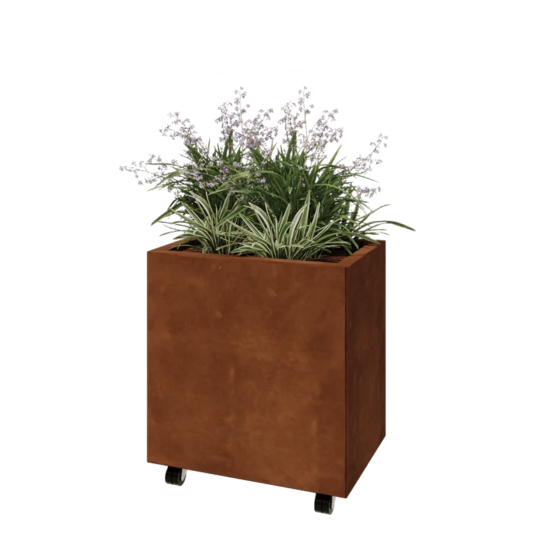 Corten jekleno korito za rože - Pravokotnik - 60 x 40 x 60 cm - Z dnoploščo - S kolesi