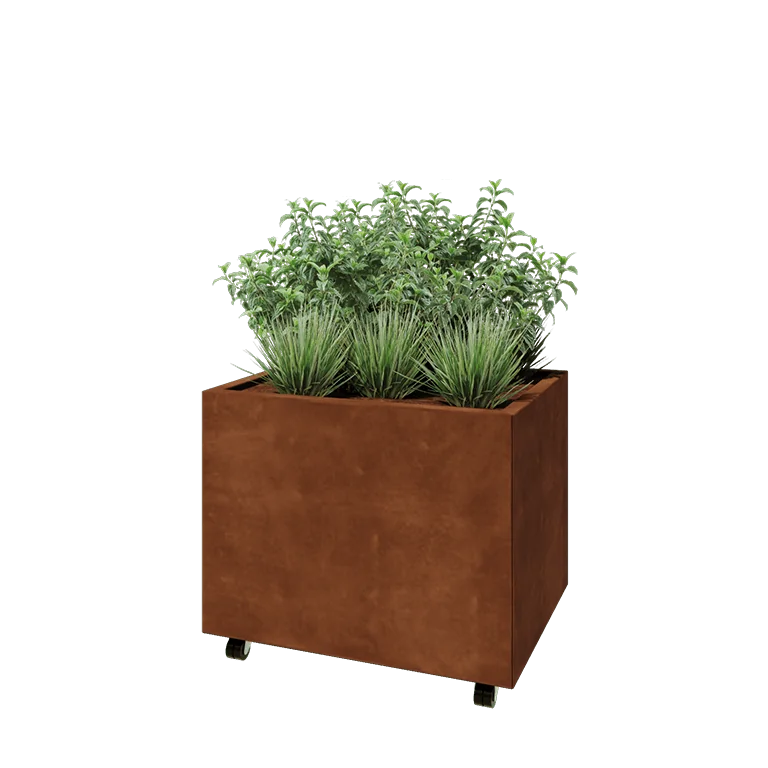 Corten jekleno korito za rože - Pravokotnik - 80 x 60 x 60 cm - Z dnoploščo - S kolesi