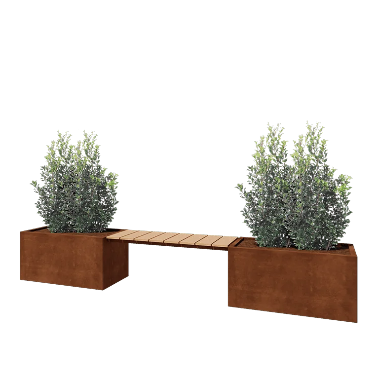 Corten jekleno korito za rože - Pravokotnik - 321,2 x 50 x 50 cm - S klopjo - Z dnoploščo