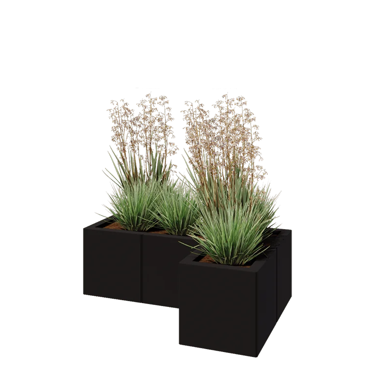 Jekleno korito za rože - L-oblikа - 90 x 60 x 30 cm - RAL9005 mat (črna) - Z dnoploščo