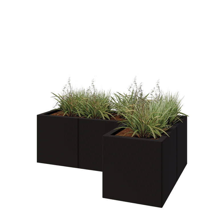 Jekleno korito za rože - L-oblikа - 120 x 80 x 40 cm - RAL9005 mat (črna) - Brez dnoplošče