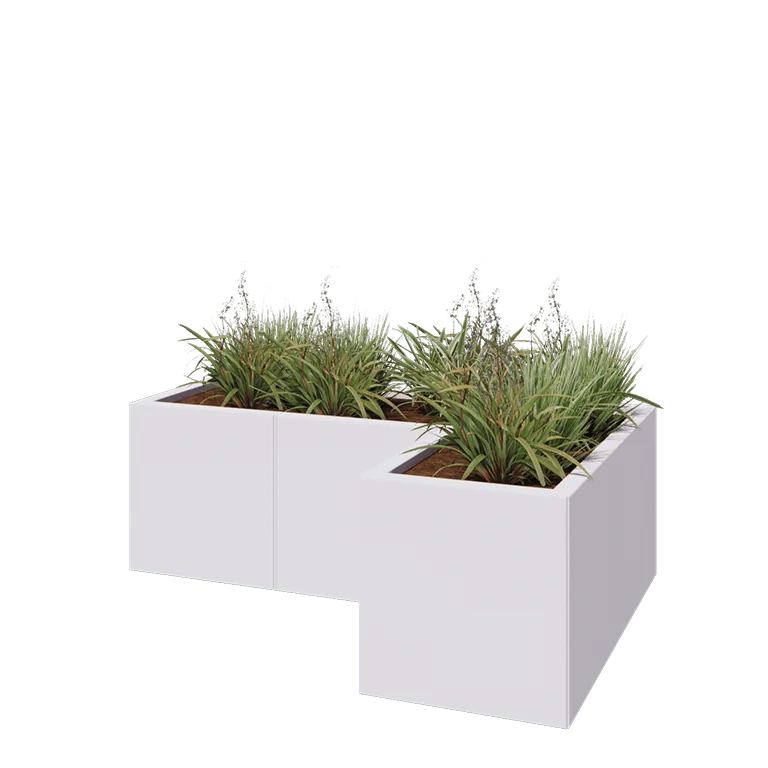Jekleno korito za rože - L-oblikа - 120 x 80 x 40 cm - RAL9010 mat (bela) - Z dnoploščo