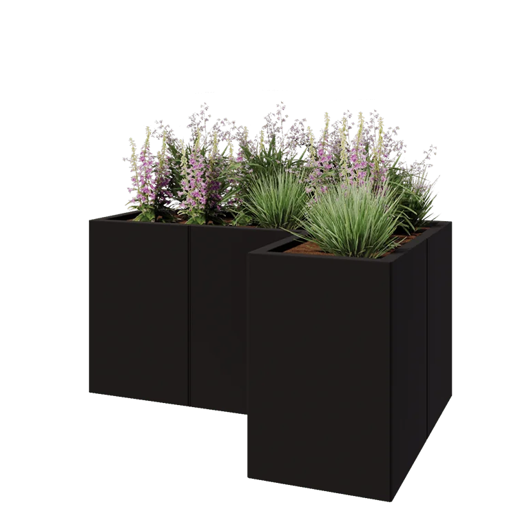 Jekleno korito za rože - L-oblikа - 120 x 80 x 60 cm - RAL9005 mat (črna) - Z dnoploščo