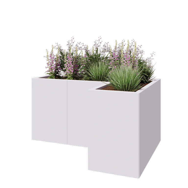 Jekleno korito za rože - L-oblikа - 120 x 80 x 60 cm - RAL9010 mat (bela) - Z dnoploščo