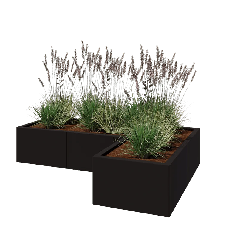 Jekleno korito za rože - L-oblikа - 150 x 100 x 30 cm - RAL9005 mat (črna) - Z dnoploščo