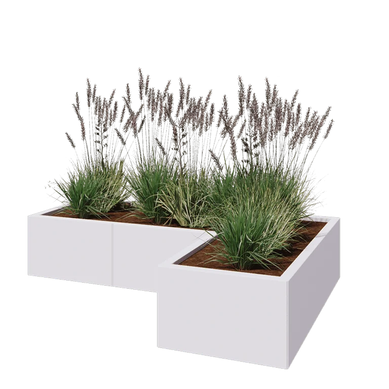 Jekleno korito za rože - L-oblikа - 150 x 100 x 30 cm - RAL9010 mat (bela) - Z dnoploščo